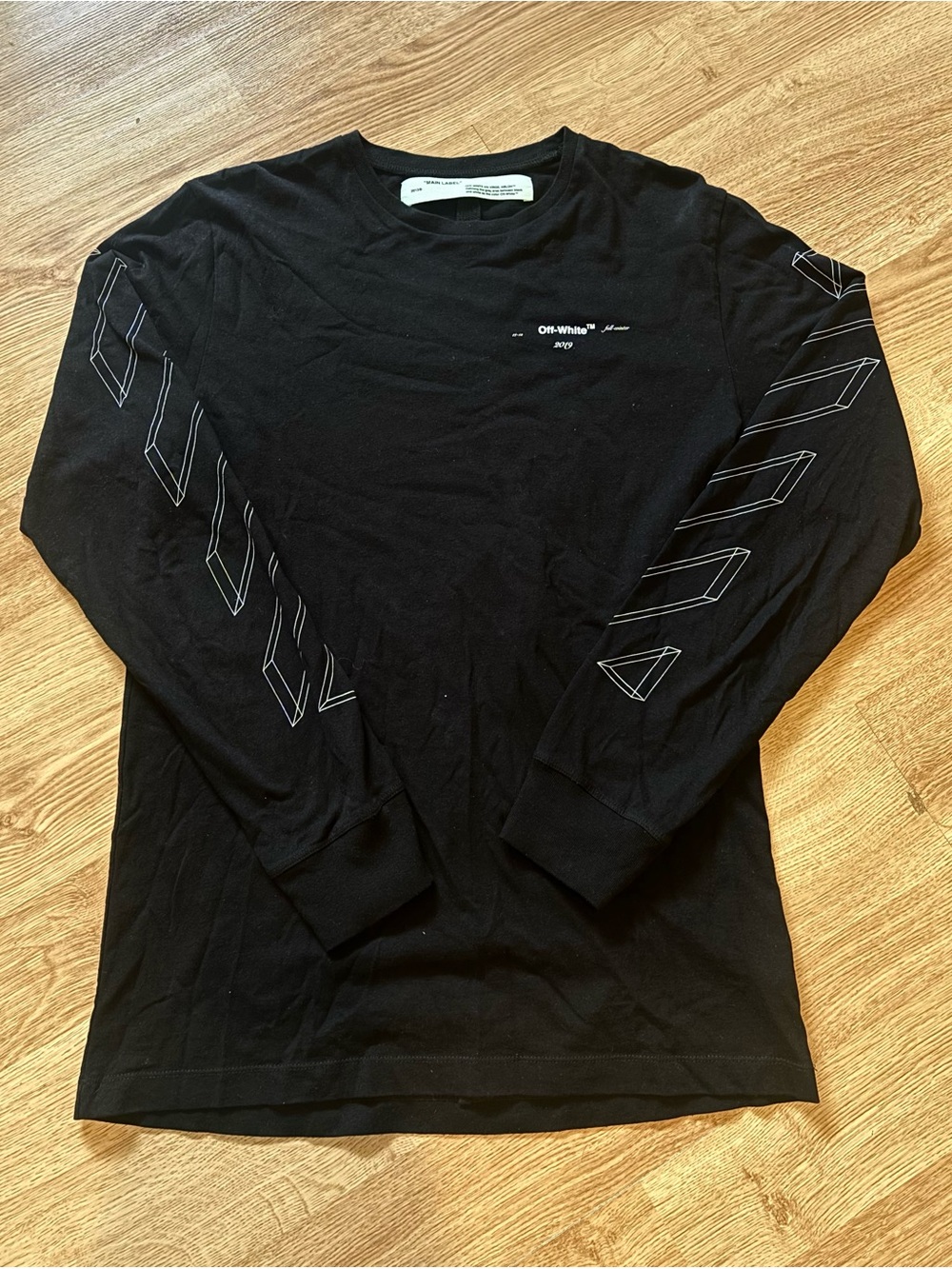 Off-White Black Long Sleeve Tee with Chevron Sleeve Graphics